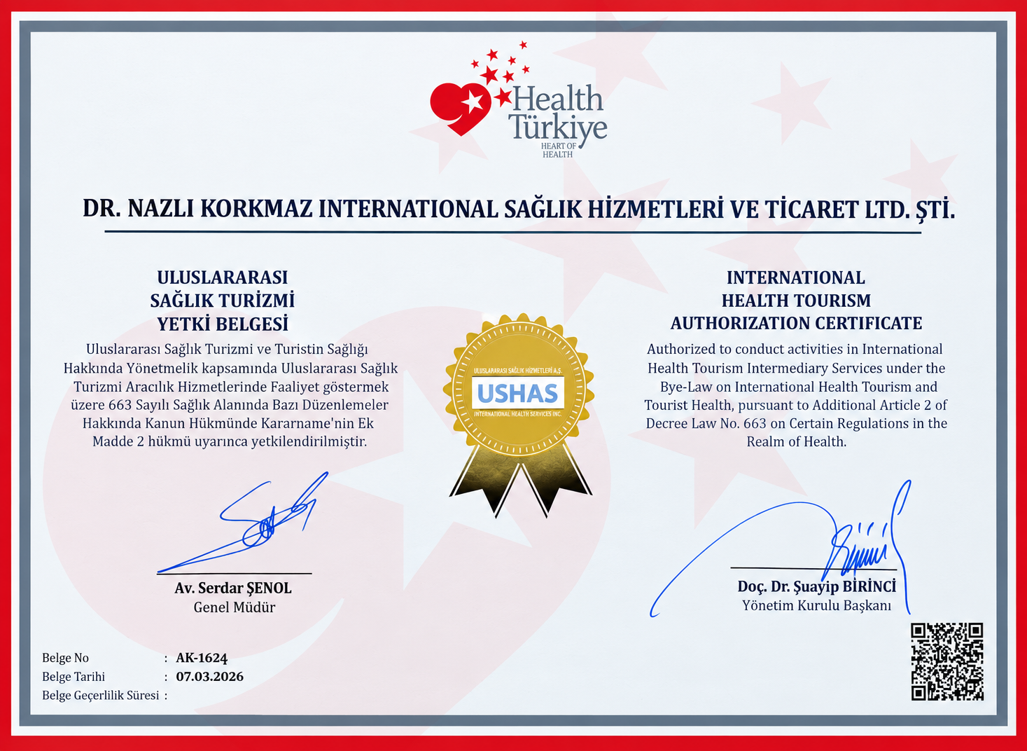 Dr. Nazlı Korkmaz International Health Tourism Authorization Certificate AK-1624